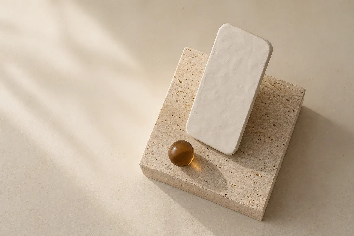 A white clay slab shaped like a phone leaning on a travertine plinth with an amber glass sphere in front