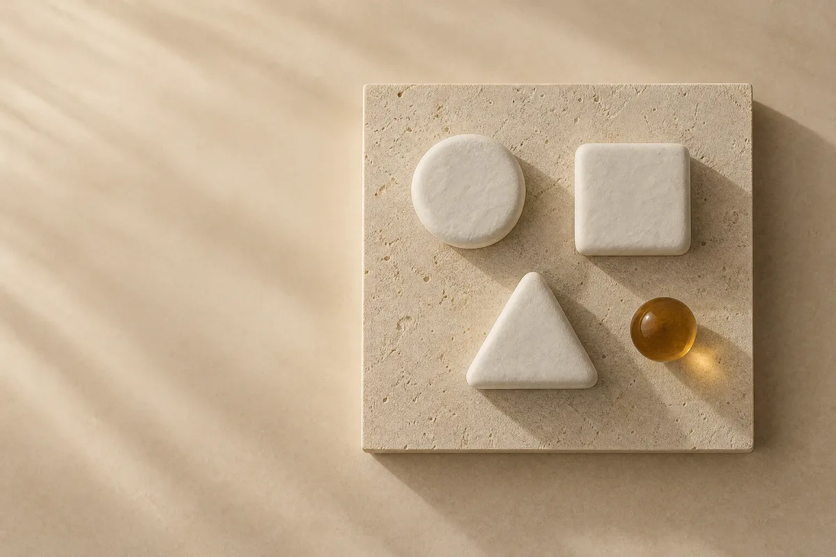 A white clay circle, square and triangle on a travertine plinth with one amber glass sphere
