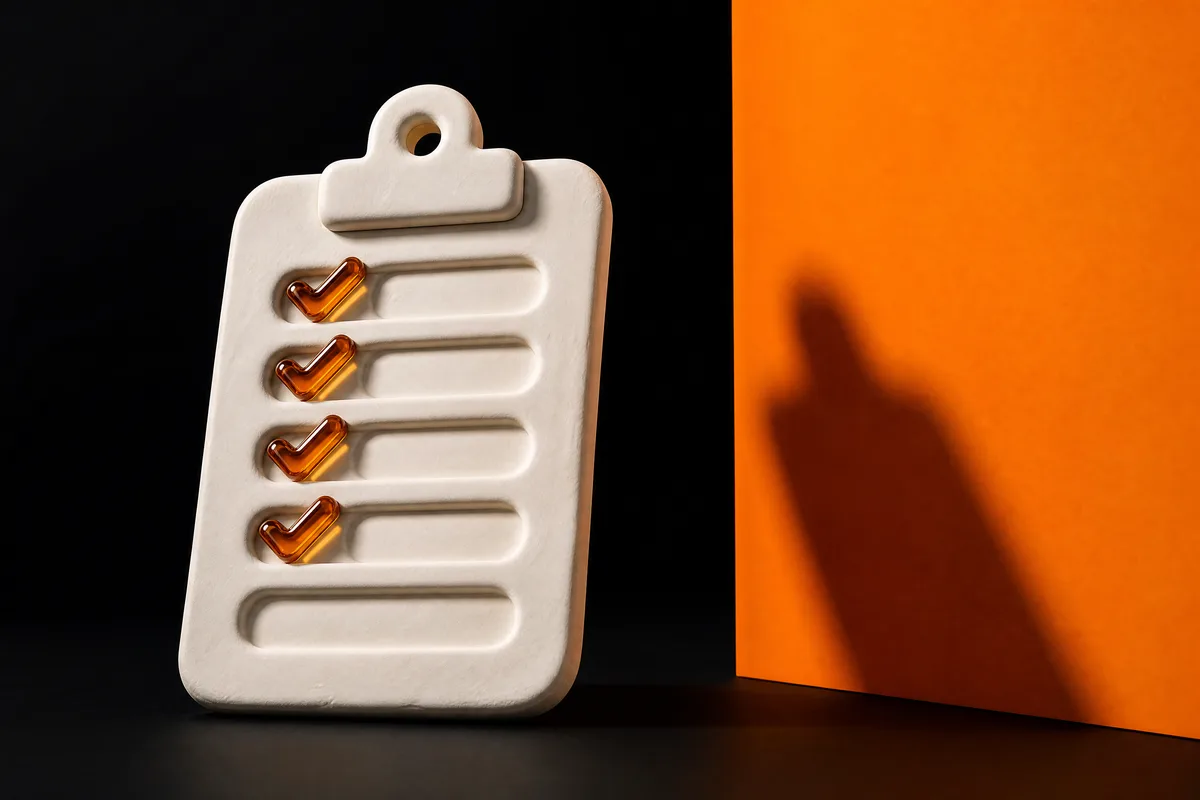 A white clay clipboard with four amber glass checks and one empty slot on black and orange