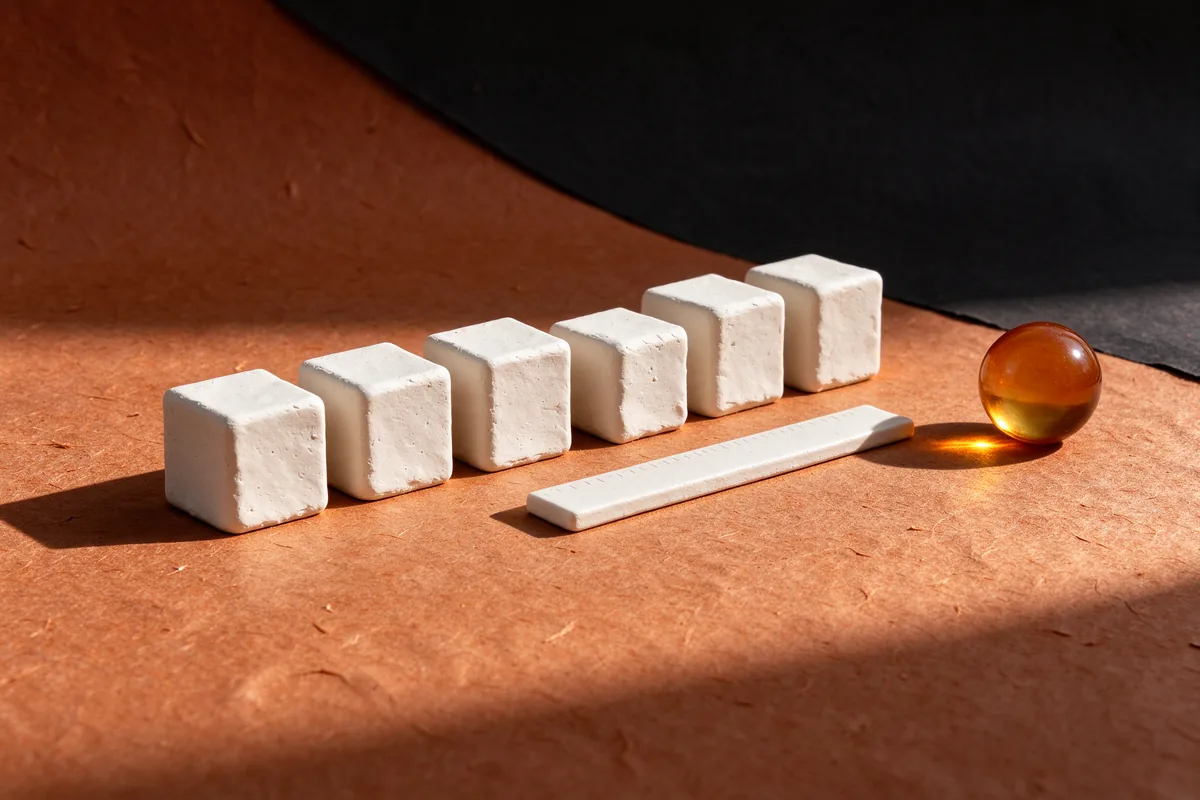 A row of identical white clay cubes beside a clay ruler and an amber glass sphere on terracotta paper
