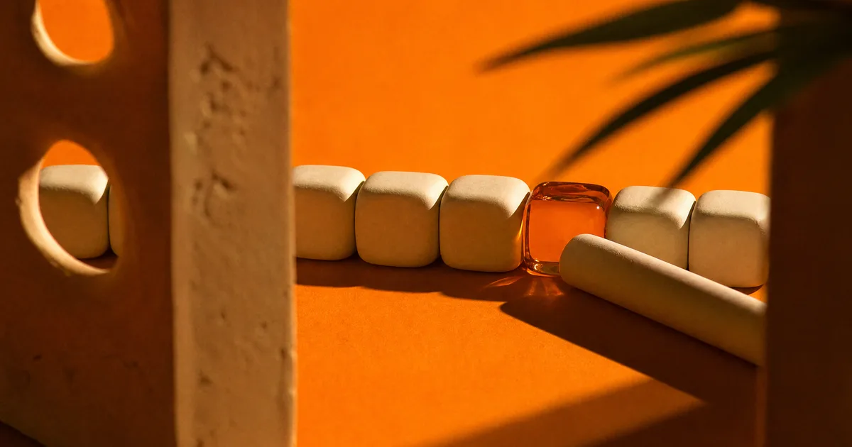 A row of identical white clay cubes with one amber glass cube being nudged into line on a vivid orange backdrop