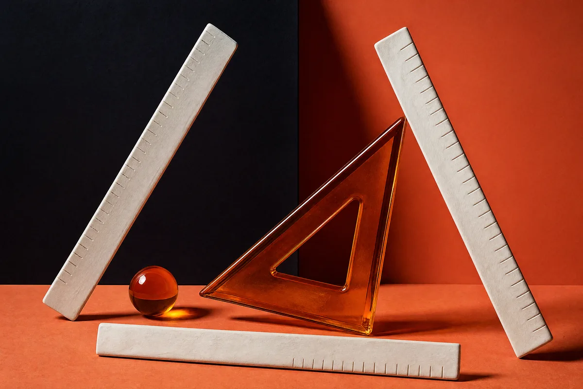 Three white clay rulers and an amber glass set square around a small amber sphere on terracotta and black