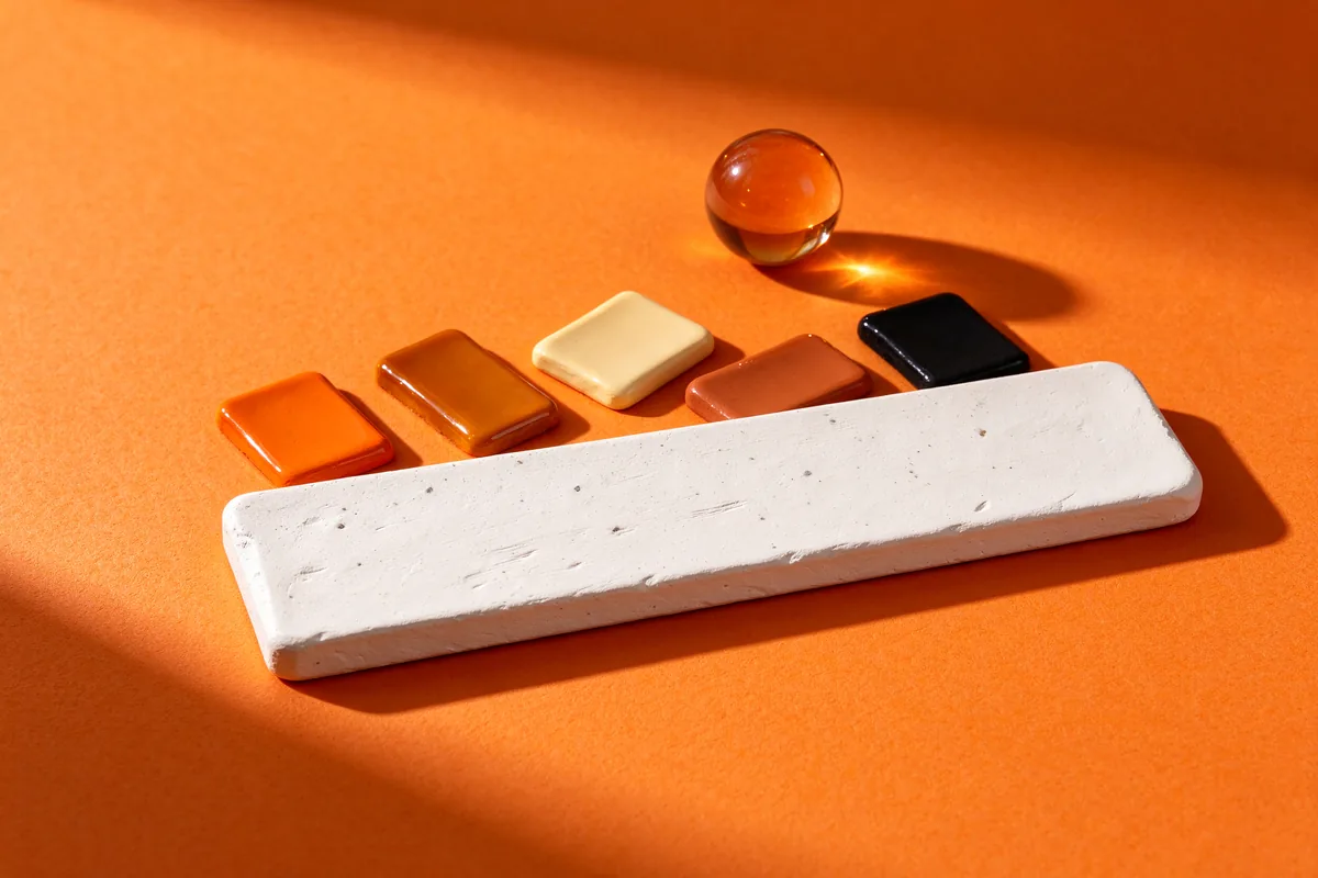A white clay ruler lying below five glossy colour chips and an amber glass sphere on orange paper