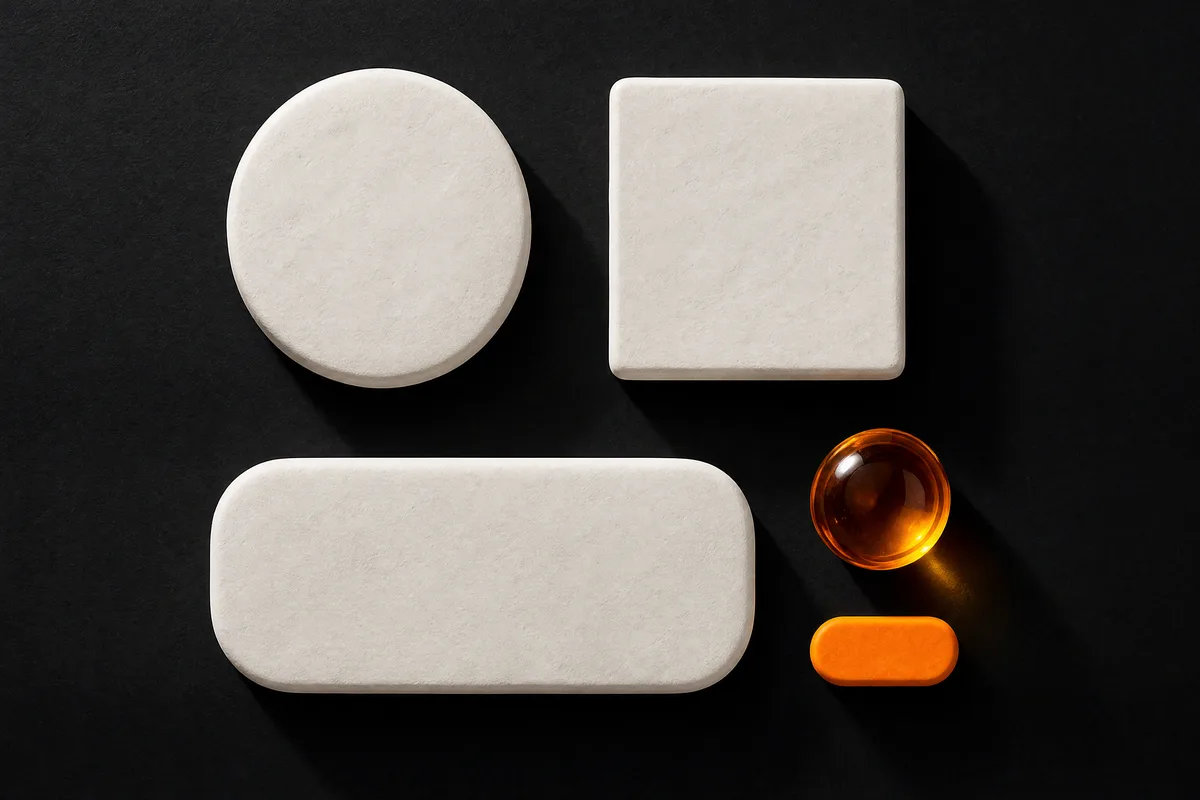 A flat lay of white clay shapes and an amber sphere arranged like a brand kit on black