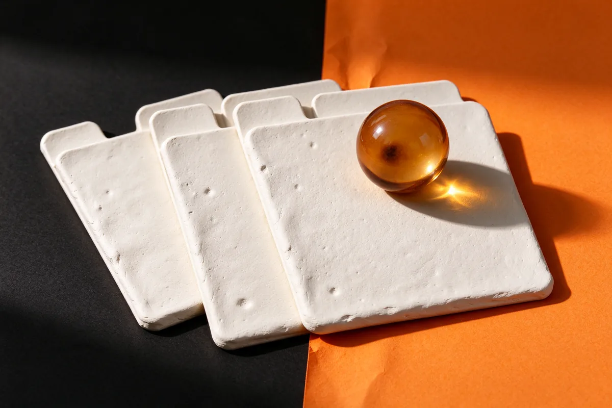 Four white clay file tabs fanned out with an amber glass sphere resting on the front one