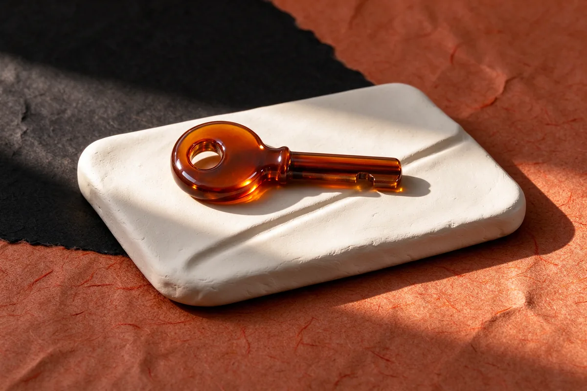 An amber glass key lying on a white clay folder on terracotta and black paper