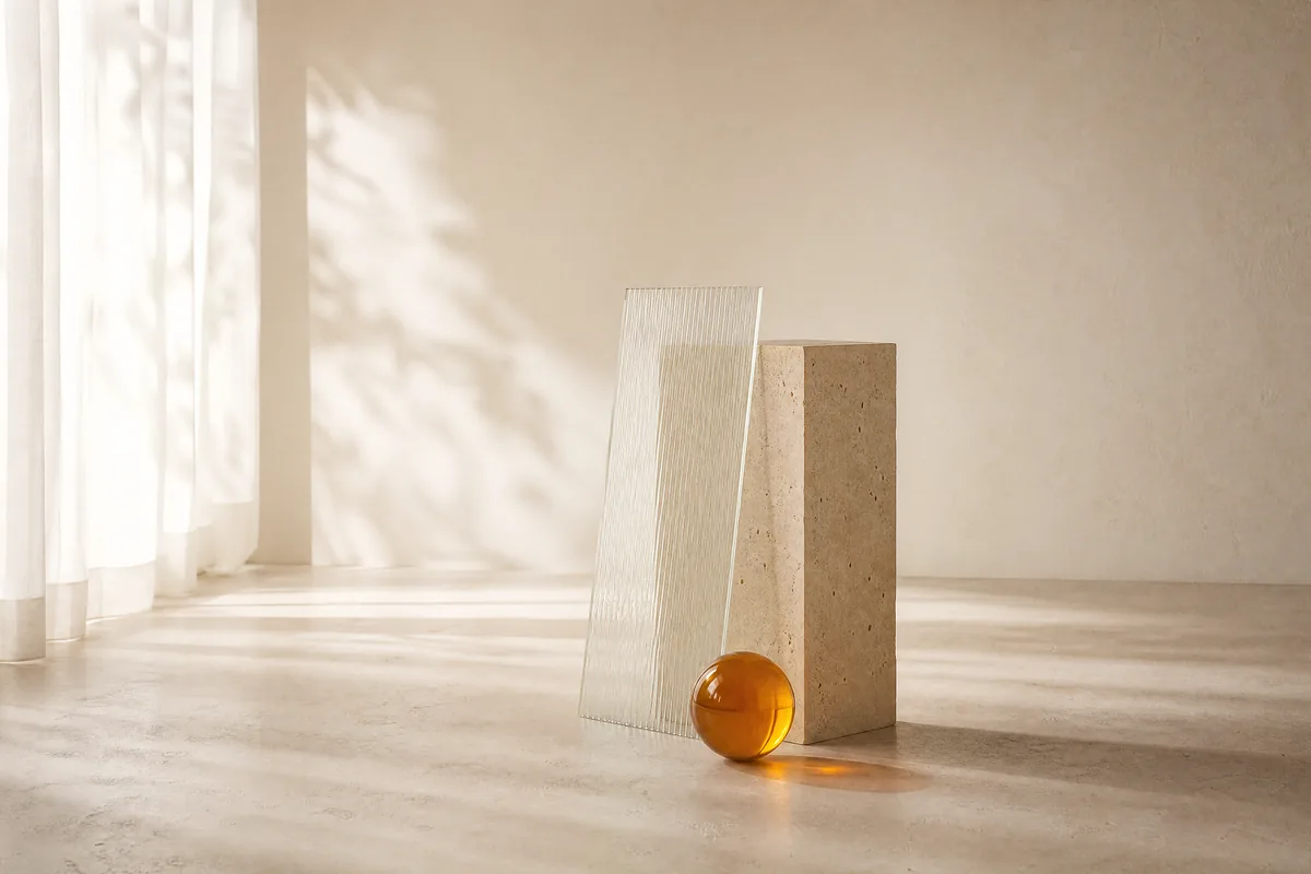 A travertine block with a thin glass panel leaning on it and an amber glass sphere at its base
