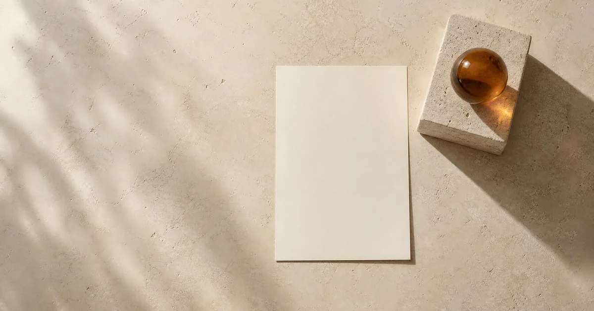 A blank cream sheet of paper beside a travertine block topped with an amber glass sphere
