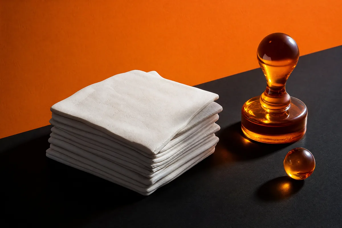 A stack of white clay sheets with an amber glass stamp on black and orange