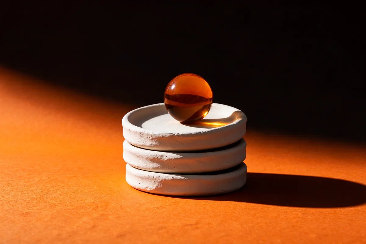 Three white clay plates stacked with an amber glass sphere on the top one, on orange paper