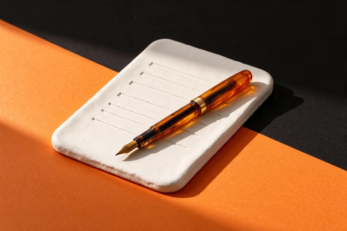 A white clay clipboard with ruled lines and an amber glass fountain pen across it on orange and black paper