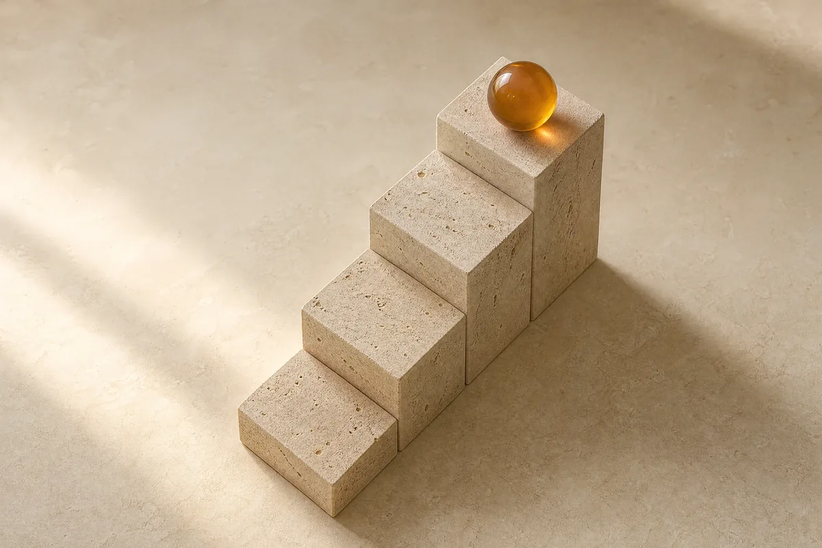 Travertine steps rising to an amber glass sphere on the top block