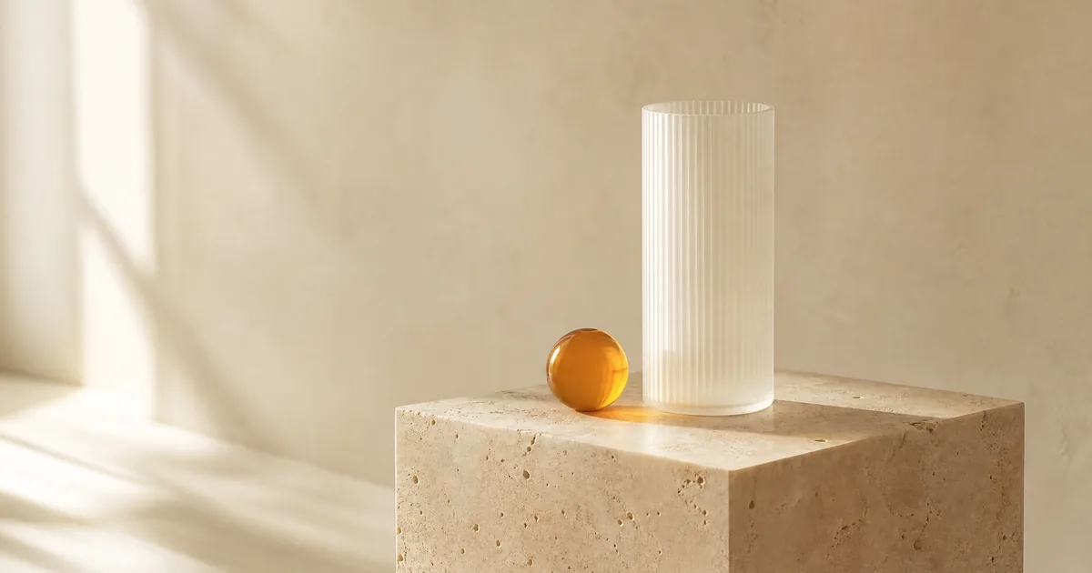 A fluted frosted glass cylinder and a small amber glass sphere on a travertine plinth