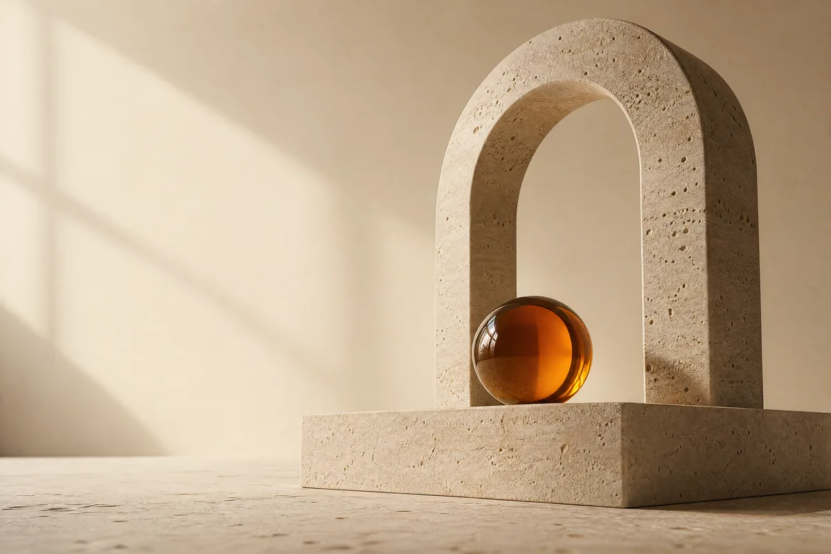 A travertine arch with a glossy amber glass sphere resting beneath it