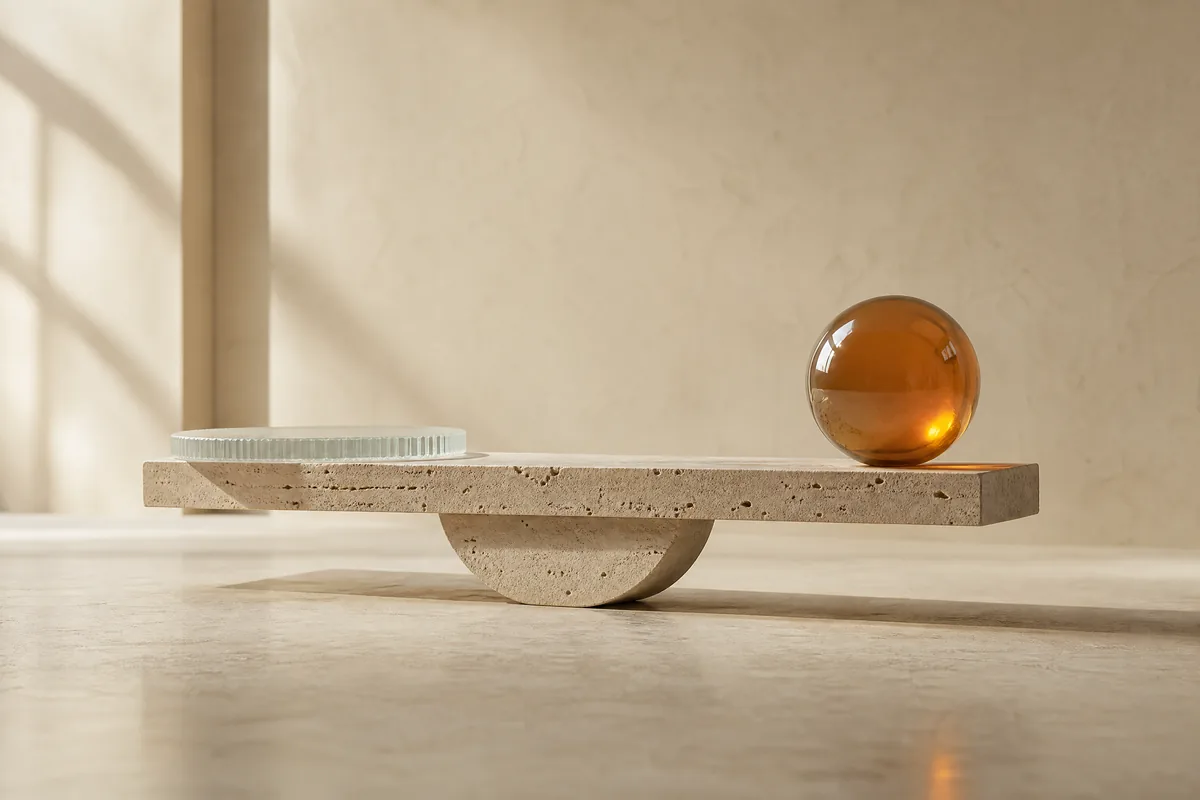 A travertine balance with a glass disc on one end and an amber glass sphere on the other