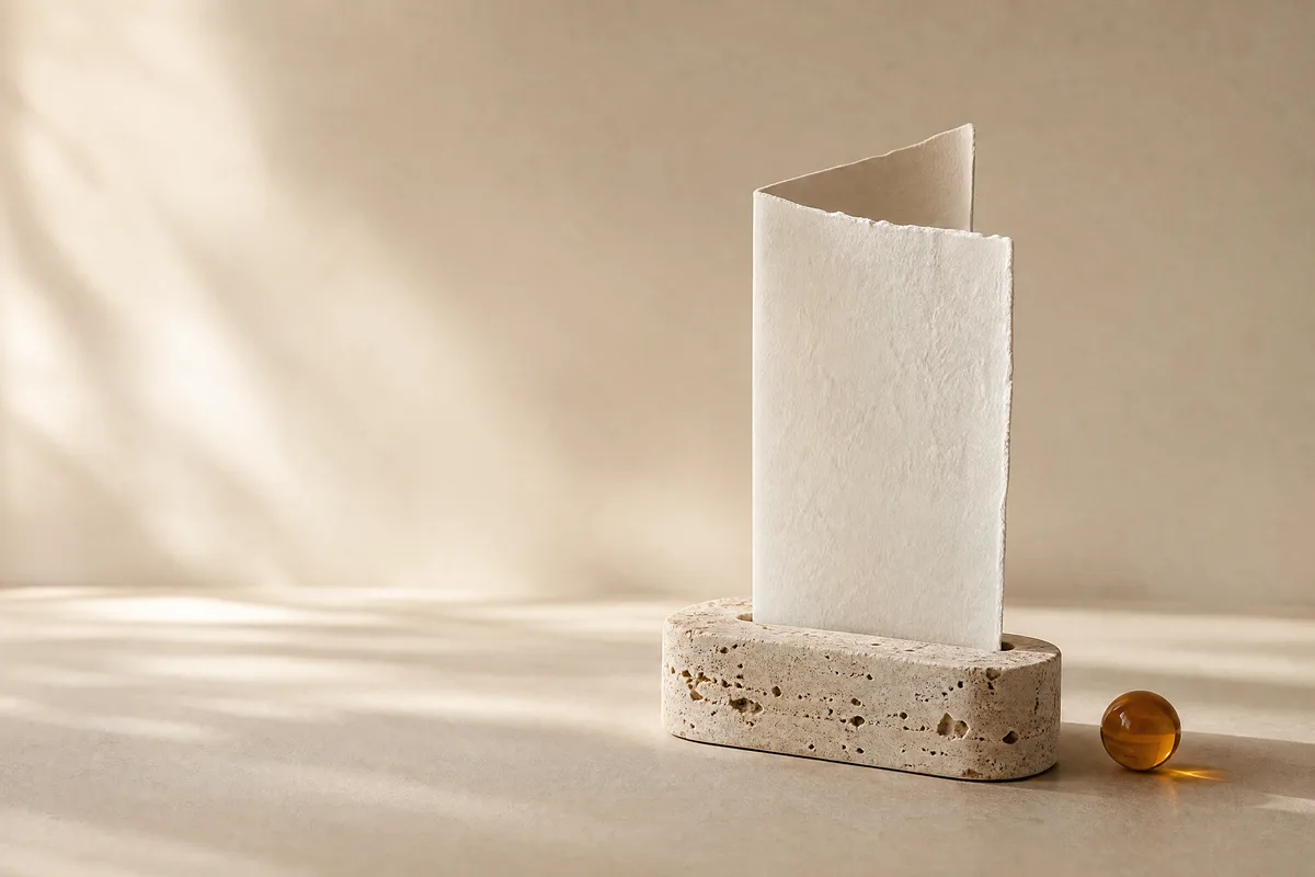 A folded white clay sheet standing in a travertine holder beside a small amber glass sphere