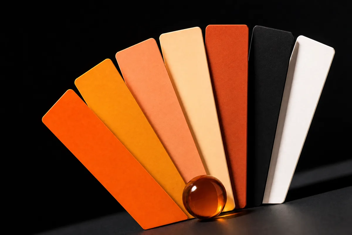 A fan of seven tall color swatch cards in warm tones with an amber sphere at the base on black