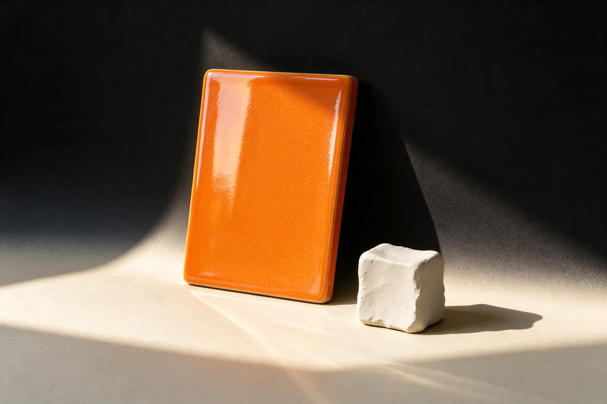 One large glossy orange glass tile standing next to a small white clay block on black and cream paper