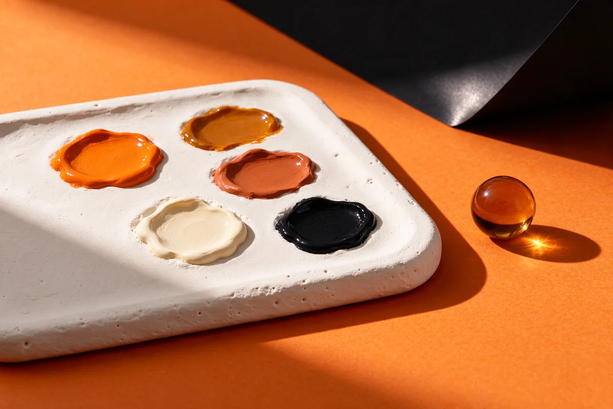 A white clay palette board with five glossy colour chips and an amber glass sphere on orange paper