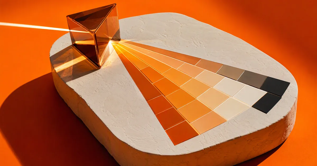 An amber glass prism splitting light into warm color tiles on a vivid orange backdrop