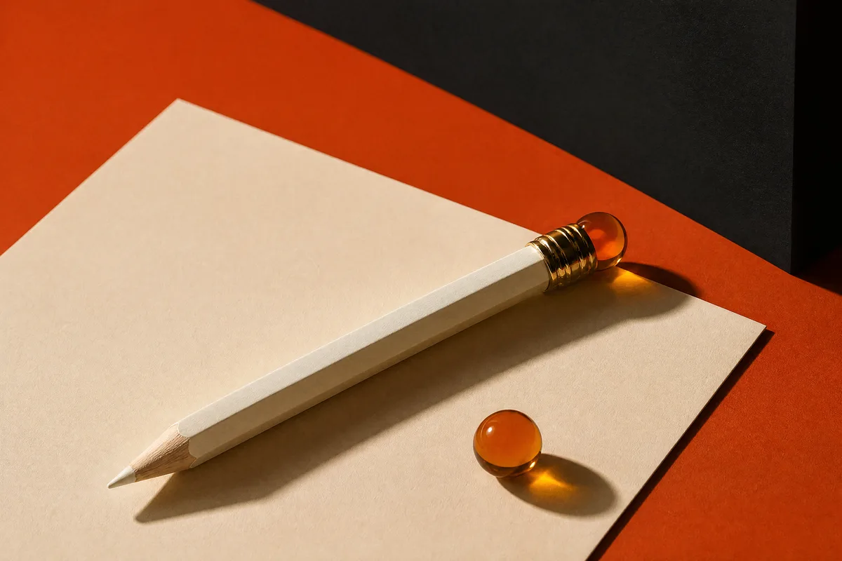 A white clay pencil with an amber glass eraser across a cream sheet on terracotta and black