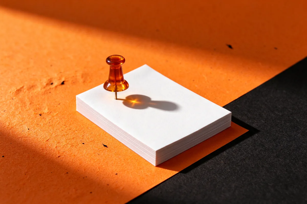 A pad of blank white notes with an amber glass push pin pressed into the top sheet on orange paper