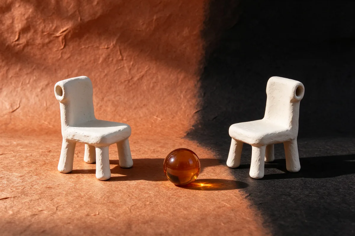 Two small white clay chairs facing each other with an amber glass sphere between them on terracotta paper