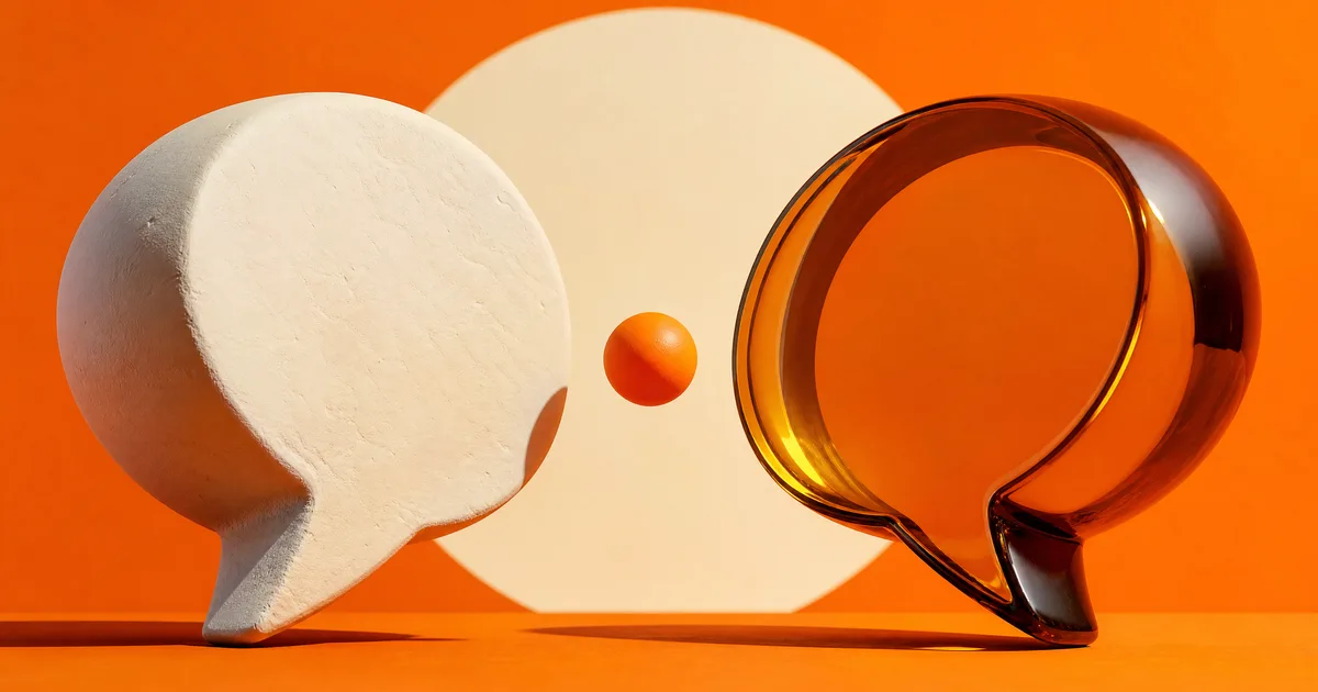 Two speech bubbles, one white clay and one amber glass, facing each other on a vivid orange backdrop