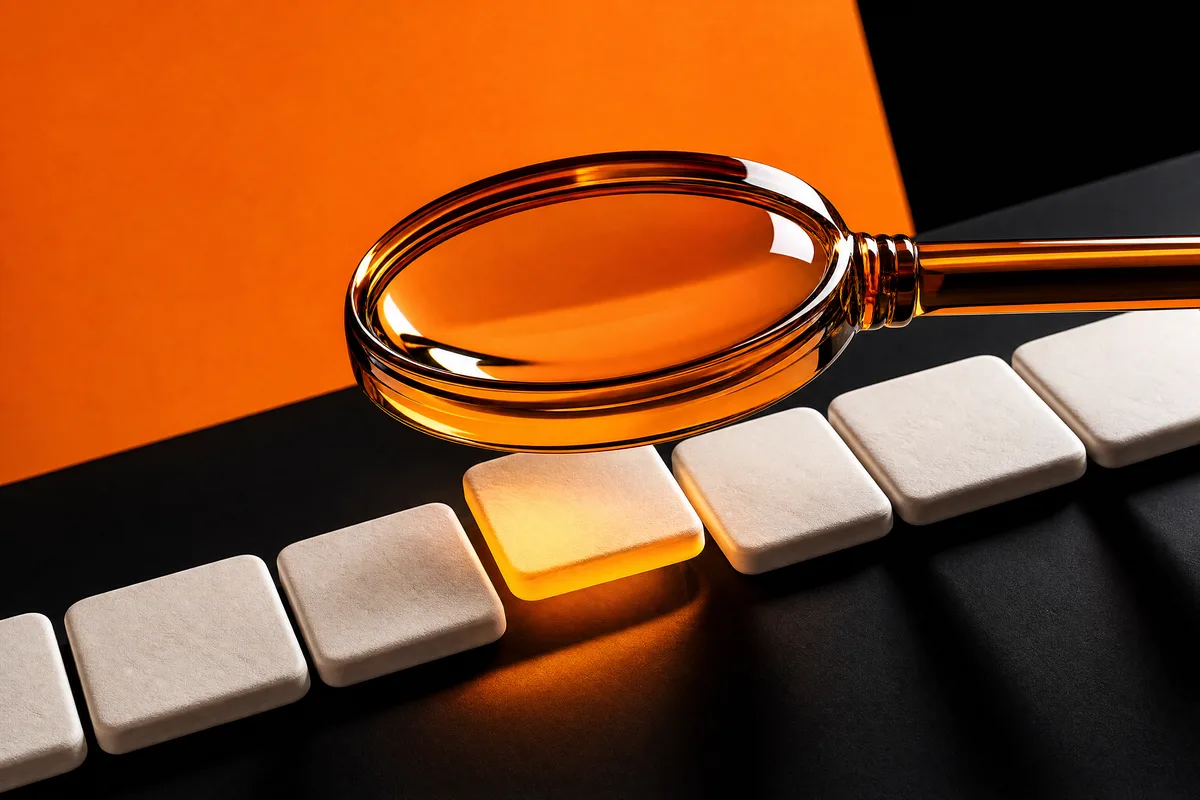 An amber glass magnifying glass over a row of white clay portfolio tiles on black and orange