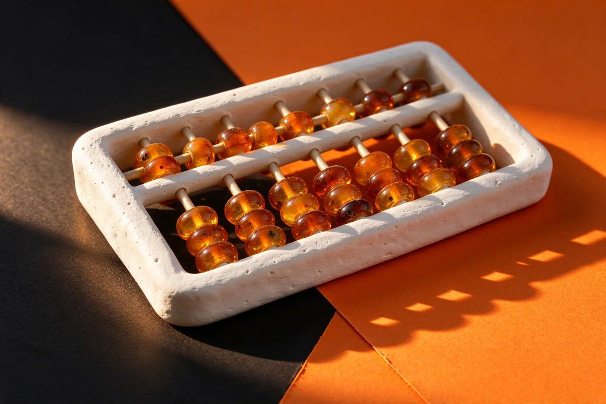 A white clay abacus with amber glass beads slid to different positions on black and orange paper