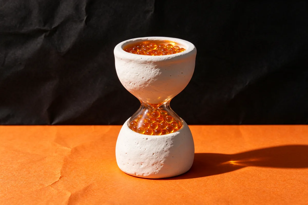A white clay hourglass filled with amber glass beads on orange and black paper