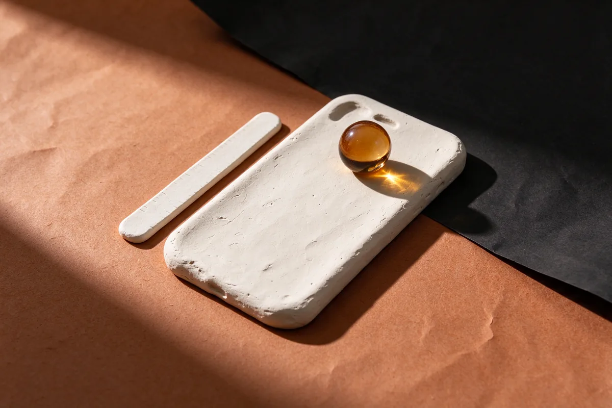 A white clay phone-shaped slab with an amber glass sphere on it and a thin clay ruler beside it on terracotta paper