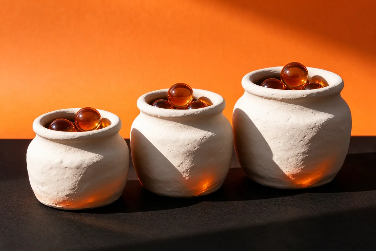 Three white clay jars of increasing size, each holding amber glass spheres, on black and orange paper