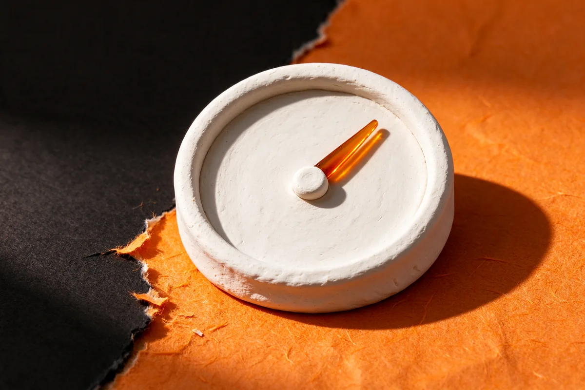 A round white clay dial with an amber glass needle pointing to the upper right on orange and black paper