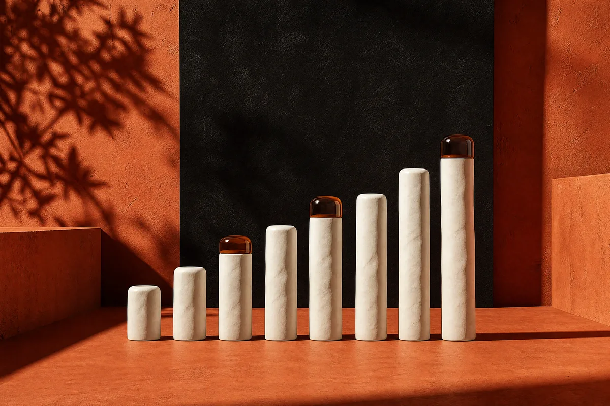 Seven white clay pillars rising in height like days of a week, three capped in amber glass