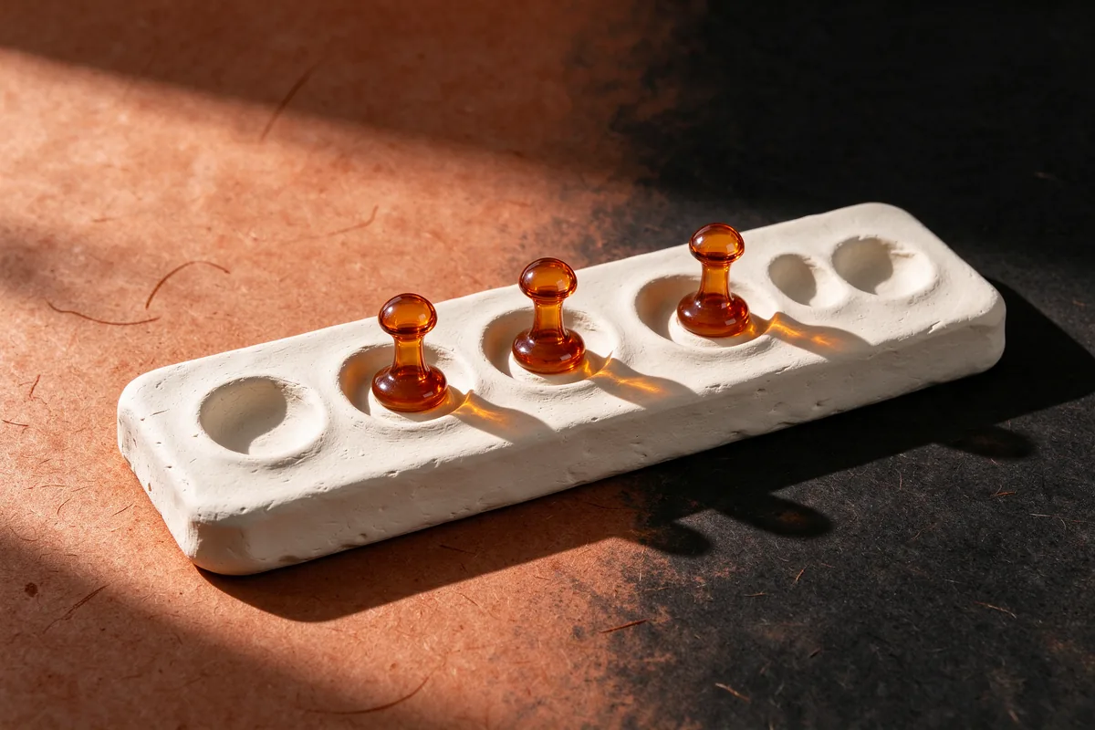 A white clay board with a row of slots, three of them holding amber glass pegs, on terracotta and black paper