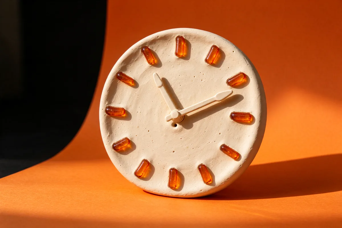A round white clay clock face with amber glass hour markers and two slim hands on orange paper
