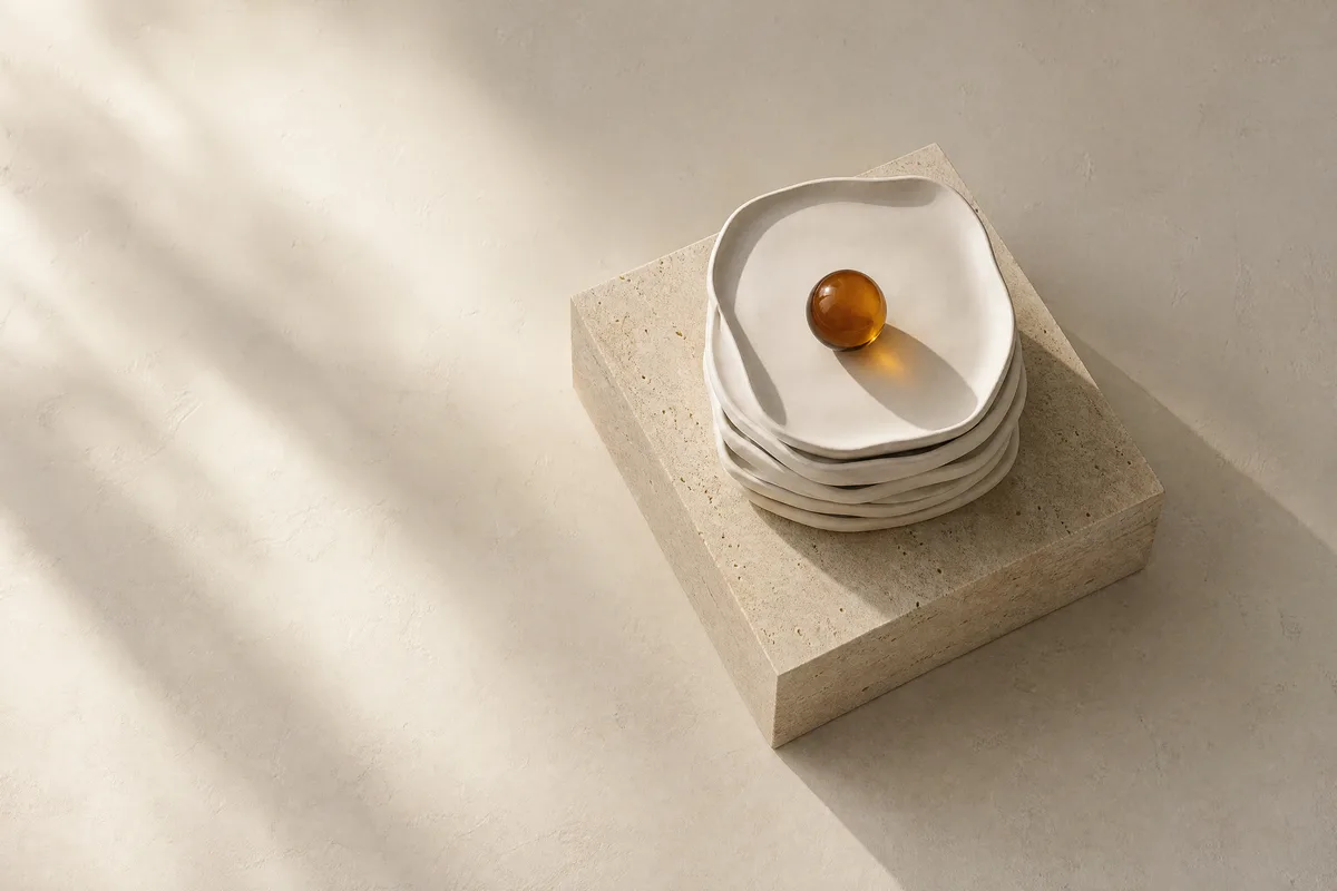 A stack of white clay trays on a travertine plinth with an amber glass sphere on the top tray